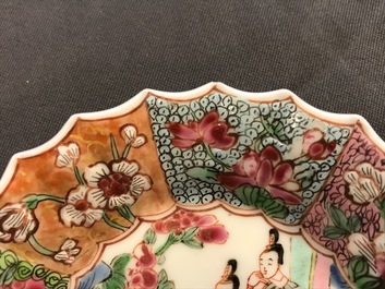 A Chinese lobed famille rose cup and saucer, Yongzheng