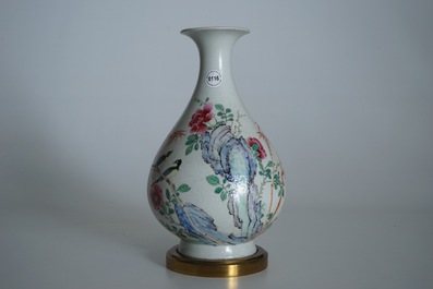 A Chinese famille rose bronze-mounted yuhuchunping vase, Qianlong mark, 19/20th C.