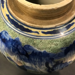 A Chinese famille verte jar with wooden cover and stand, Kangxi