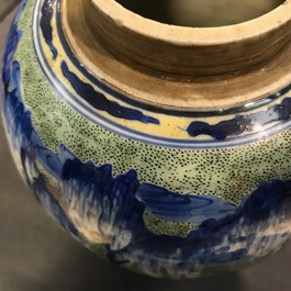 A Chinese famille verte jar with wooden cover and stand, Kangxi