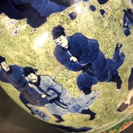 A Chinese famille verte jar with wooden cover and stand, Kangxi
