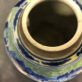 A Chinese famille verte jar with wooden cover and stand, Kangxi