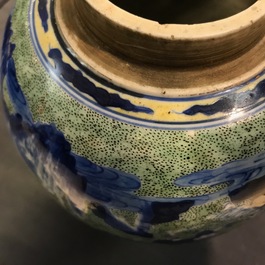 A Chinese famille verte jar with wooden cover and stand, Kangxi