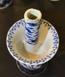 Two pairs of Chinese blue and white candlesticks with dragons, 19/20th C.