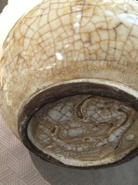 Two Chinese Nanking crackle-glazed hu vases with crabs and mythical beasts, 19th C.