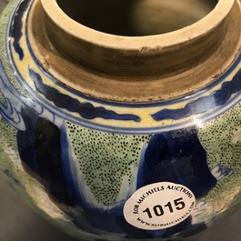 A Chinese famille verte jar with wooden cover and stand, Kangxi