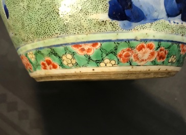 A Chinese famille verte jar with wooden cover and stand, Kangxi