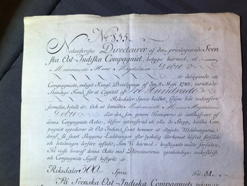 Drie aandelen van de Oostendse en twee van de Zweedse Oost-Indische Compagnie, 18e eeuw