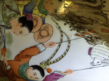 Two tall Chinese famille rose vases with playing boys and court scenes, 19th and 20th C.
