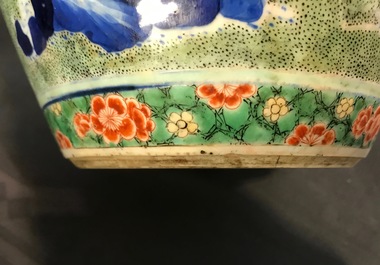 A Chinese famille verte jar with wooden cover and stand, Kangxi