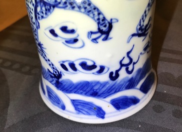 Two pairs of Chinese blue and white candlesticks with dragons, 19/20th C.