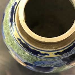 A Chinese famille verte jar with wooden cover and stand, Kangxi