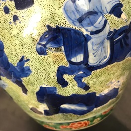 A Chinese famille verte jar with wooden cover and stand, Kangxi