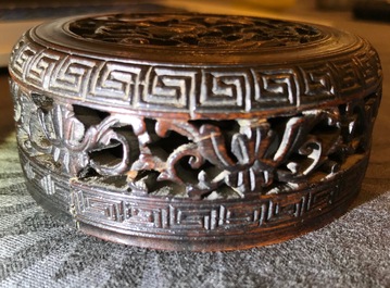 A Chinese famille verte jar with wooden cover and stand, Kangxi