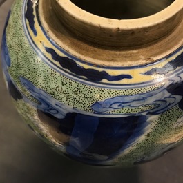 A Chinese famille verte jar with wooden cover and stand, Kangxi