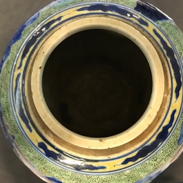 A Chinese famille verte jar with wooden cover and stand, Kangxi