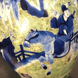 A Chinese famille verte jar with wooden cover and stand, Kangxi