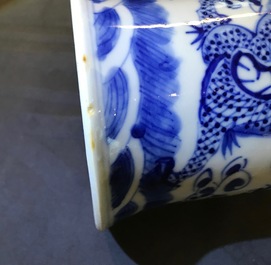 Two pairs of Chinese blue and white candlesticks with dragons, 19/20th C.