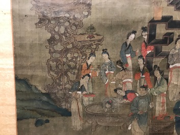 Een gesigneerde Chinese rolschildering op zijde met een tuinsc&egrave;ne, 18/19e eeuw