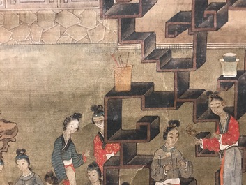 Een gesigneerde Chinese rolschildering op zijde met een tuinsc&egrave;ne, 18/19e eeuw