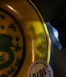 A Chinese yellow-ground dragon saucer dish, Kangxi