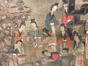 Een gesigneerde Chinese rolschildering op zijde met een tuinsc&egrave;ne, 18/19e eeuw