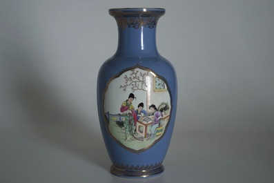 A Chinese famille rose on lavender-blue-ground vase, Qianlong mark, Republic, 20th C.