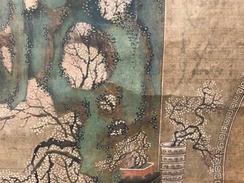 Een gesigneerde Chinese rolschildering op zijde met een tuinsc&egrave;ne, 18/19e eeuw