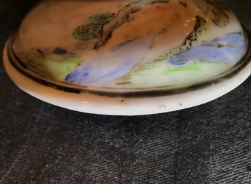 A fine Chinese famille rose teapot and cover with a lady holding a small dog, Yongzheng