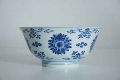 A Chinese blue and white lotus bowl, Qianlong mark and period
