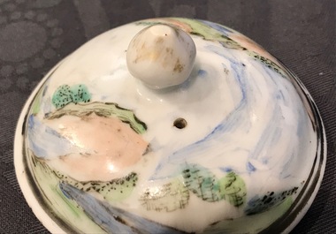 A fine Chinese famille rose teapot and cover with a lady holding a small dog, Yongzheng