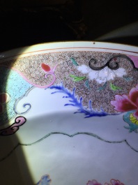 A pair of large Chinese famille rose chargers with mandarin ducks, Yongzheng