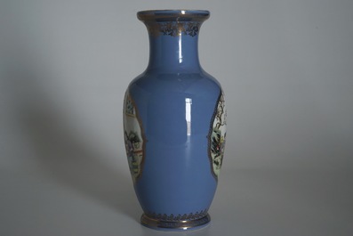 A Chinese famille rose on lavender-blue-ground vase, Qianlong mark, Republic, 20th C.