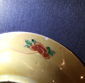 Three Chinese famille verte caf&eacute; au lait-ground cups and four saucers, Kangxi