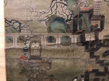 Een gesigneerde Chinese rolschildering op zijde met een tuinsc&egrave;ne, 18/19e eeuw