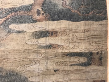 Een gesigneerde Chinese rolschildering op zijde met een tuinsc&egrave;ne, 18/19e eeuw