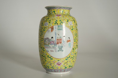 A Chinese yellow-ground famille rose vase, Qianlong mark, 19/20th C.