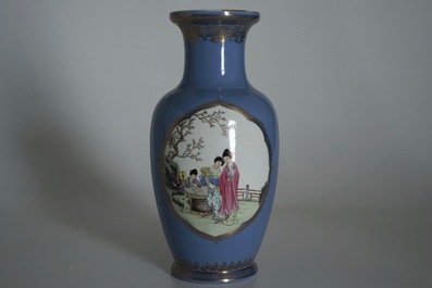 A Chinese famille rose on lavender-blue-ground vase, Qianlong mark, Republic, 20th C.