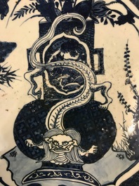 A very large Chinese blue and white kraak porcelain charger with a dragon, Wanli