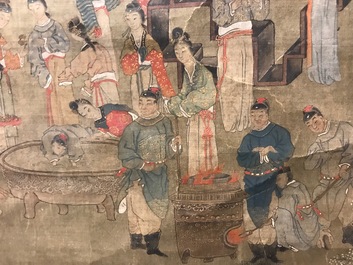Een gesigneerde Chinese rolschildering op zijde met een tuinsc&egrave;ne, 18/19e eeuw