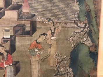 Een gesigneerde Chinese rolschildering op zijde met een tuinsc&egrave;ne, 18/19e eeuw