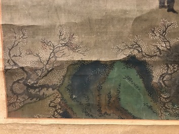 Een gesigneerde Chinese rolschildering op zijde met een tuinsc&egrave;ne, 18/19e eeuw