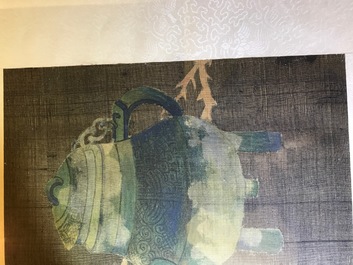 Quatre tableaux encadr&eacute;s aux antiquit&eacute;s et fleurs, Chine, 19&egrave;me