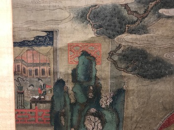Een gesigneerde Chinese rolschildering op zijde met een tuinsc&egrave;ne, 18/19e eeuw