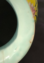 A Chinese yellow-ground famille rose vase, Qianlong mark, 19/20th C.