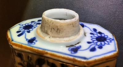 A Chinese Dehua blanc de Chine temple lion, a vase and a blue and white tea caddy, Kangxi and later