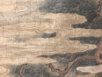 Een gesigneerde Chinese rolschildering op zijde met een tuinsc&egrave;ne, 18/19e eeuw