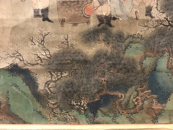 Een gesigneerde Chinese rolschildering op zijde met een tuinsc&egrave;ne, 18/19e eeuw