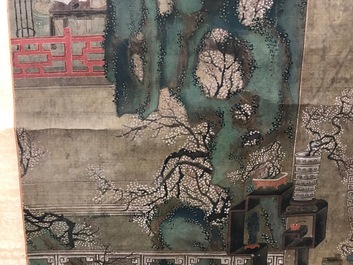 Een gesigneerde Chinese rolschildering op zijde met een tuinsc&egrave;ne, 18/19e eeuw