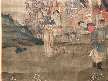 Een gesigneerde Chinese rolschildering op zijde met een tuinsc&egrave;ne, 18/19e eeuw